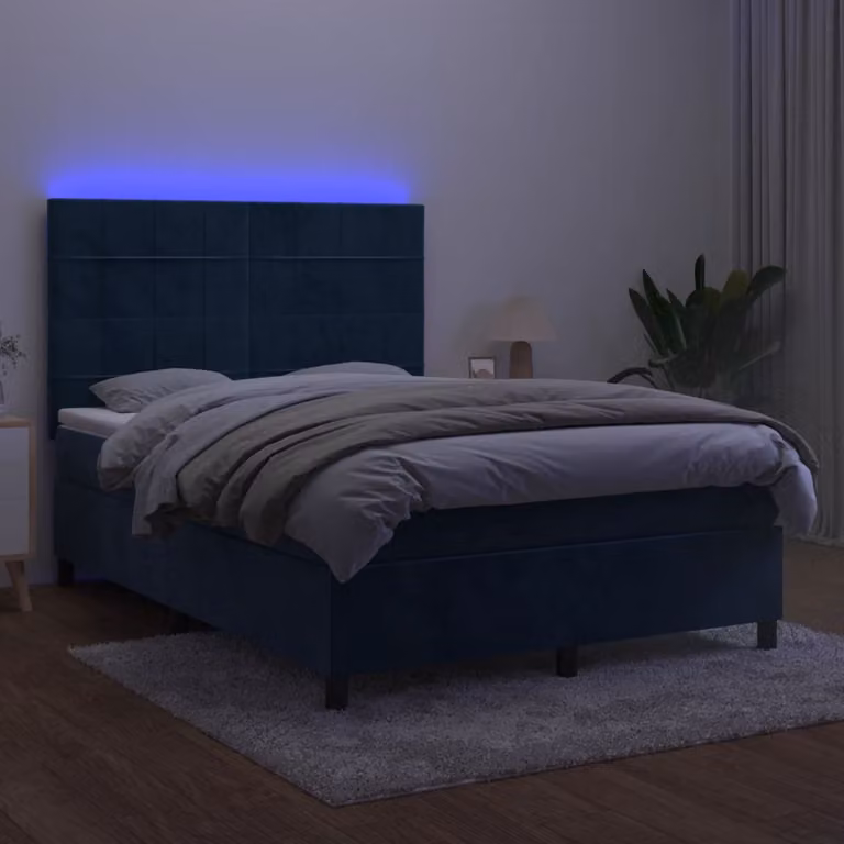 The Living Store Letto a molle con materasso e LED in velluto blu scuro 140x200 cm