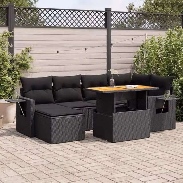 Set Divani da Giardino con Cuscini 7pz Nero Polyrattan 3327170