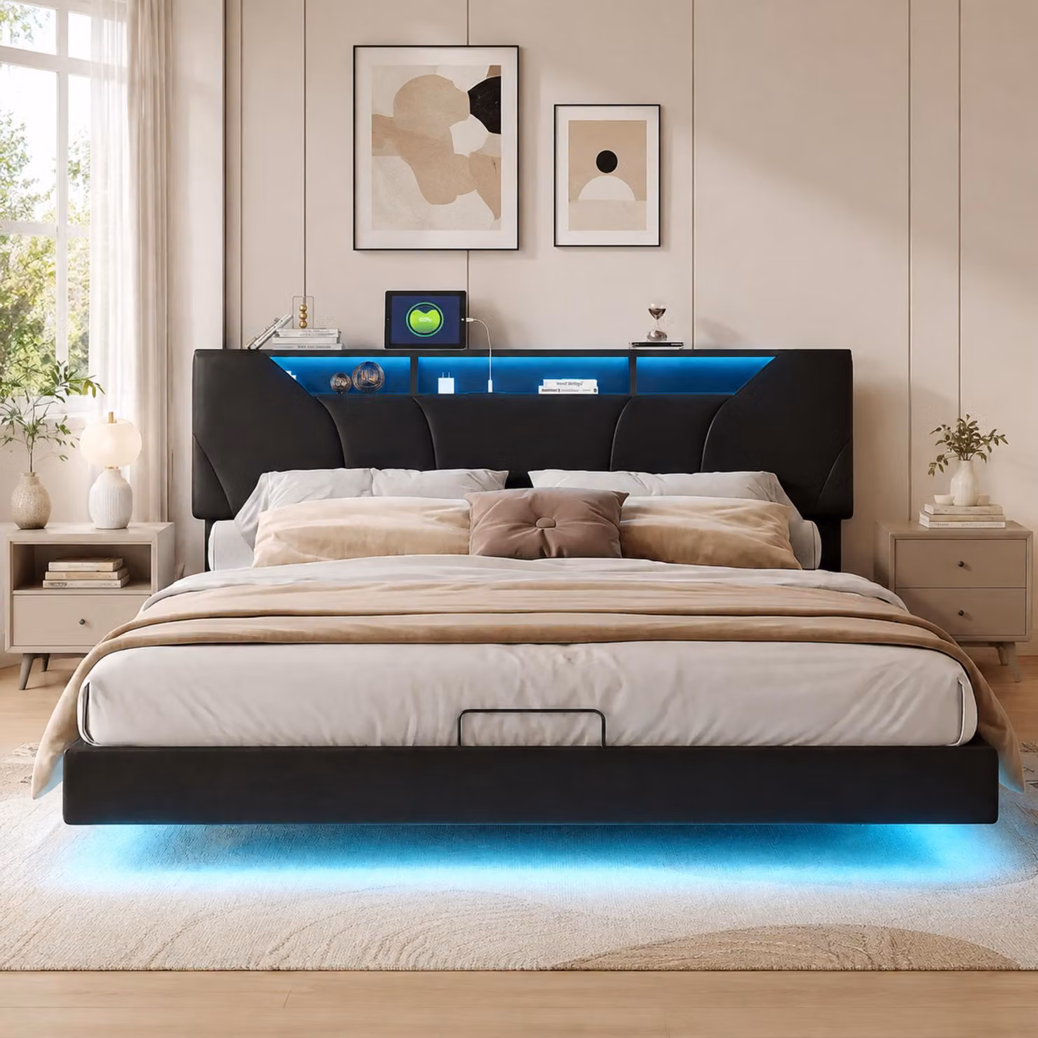 Letto imbottito INONEFT, modello sospeso, 160x200 cm, con LED, porta USB e connettore di tipo C, letto matrimoniale con sistema idraulico e spazio contenitore, letto per ragazzi multifunzionale con rete a doghe, rivestito inPoliuretanonero