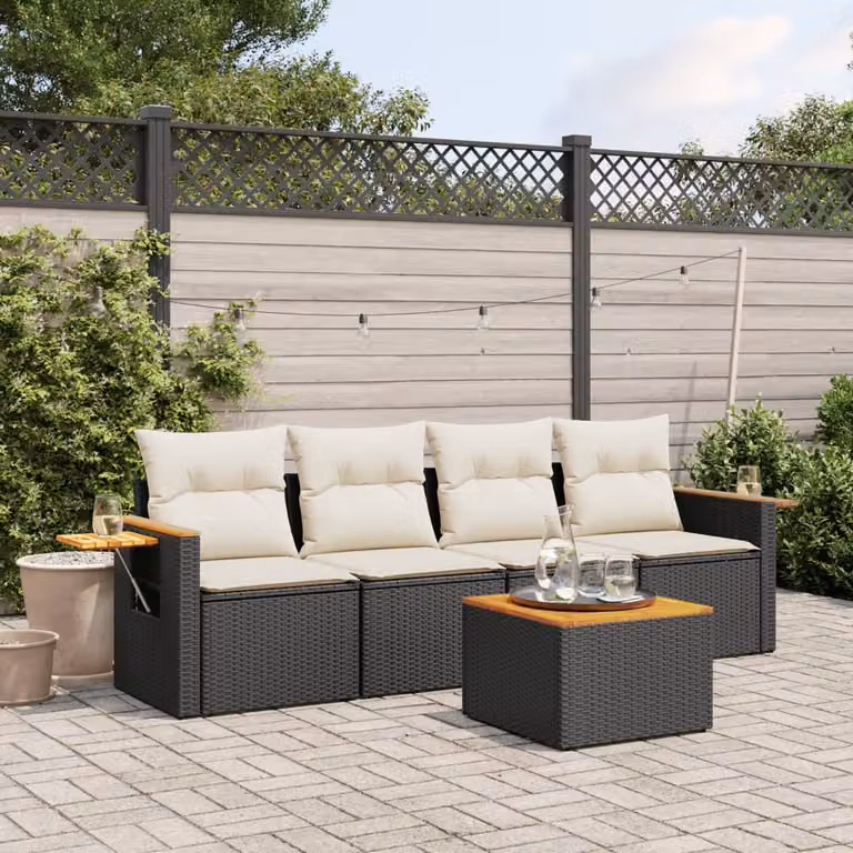 Set di Divani da Giardino vidaXL 5 Pezzi in Polyrattan Nero con Cuscini Imbottiti e Tavolino