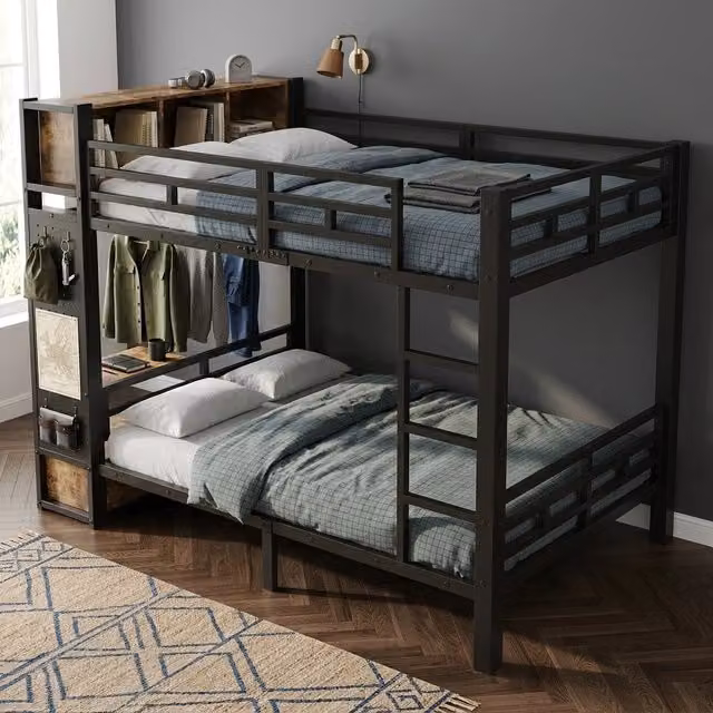 letto a castello metallo legno nero noce scuro 120x200 cm