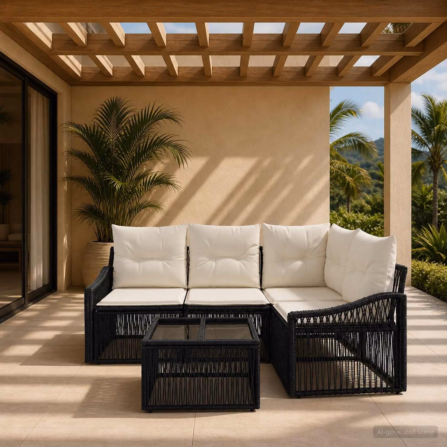 Set Divano da Giardino vidaXL 5 Pezzi a Forma di L con Tavolino, Colore Nero, Struttura in Metallo e Polyrattan con Cuscini Inclusi