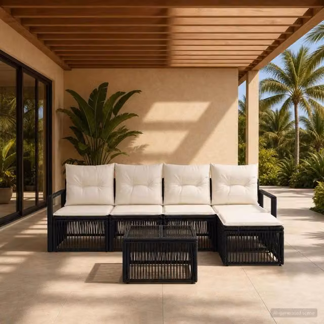 Set Divano da Giardino a L con Poltrona, Pouf e Tavolino vidaXL, Nero, 6 Pezzi con Cuscini Inclusi – 1