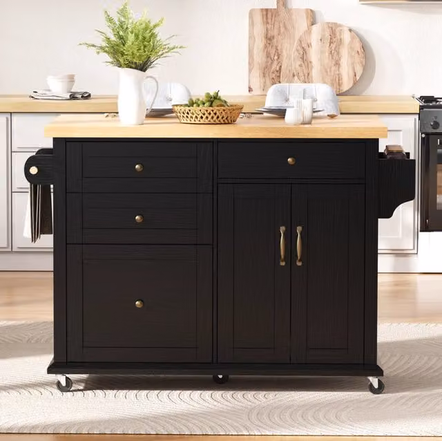 Isola cucina mobile con ruote e tavolo estraibile, carrello con cassetti multifunzione in MDF, nero, 107x45-70x90,5 cm