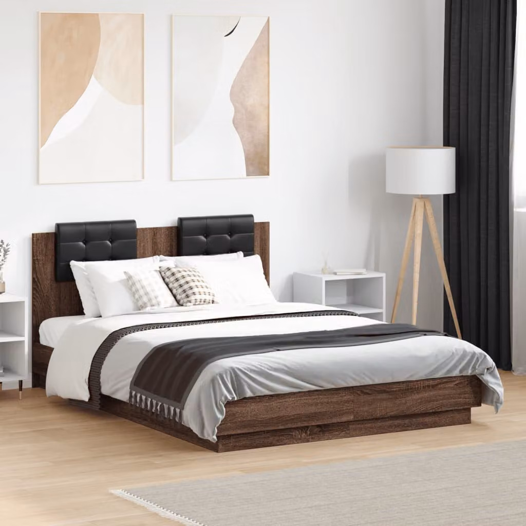 Letto con testiera vidaXL in legno Rovere Marrone con illuminazione LED e porta USB L/P/H: 138 x 193 x 84 cm