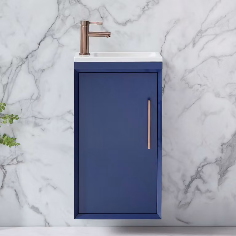 Mobile Bagno Sospeso Blu Marino 400mm con Lavabo e Maniglia con Barra a T Bronzo Spazzolato - Edge