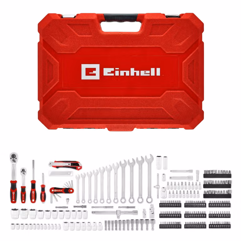 Valigetta utensili Einhell, 233 pezzi (chiave a bussola con selettore, chiavi a forchetta e a bussola, assortimento di punte, bussole, prolunghe, applicazioni, compatibilità con macchinari)
