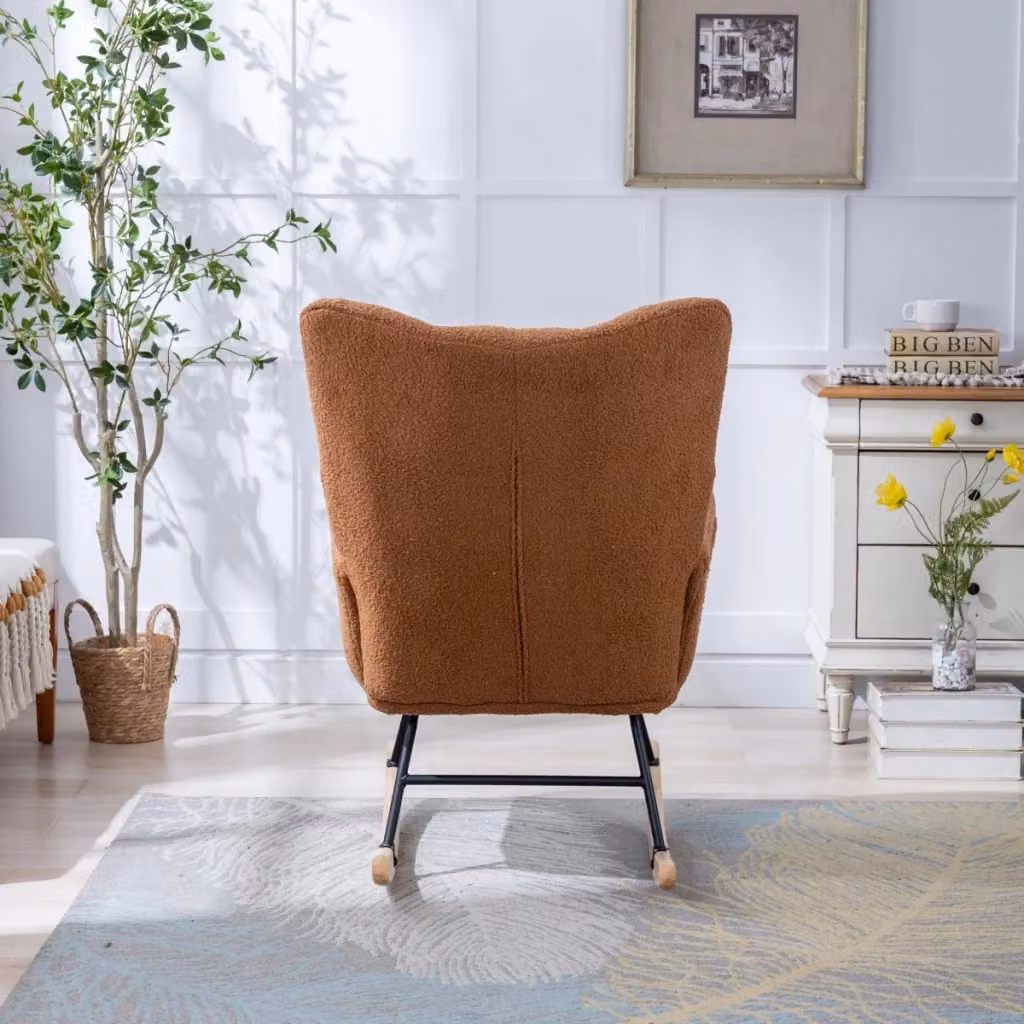 Sedia a dondolo OKWISH in tessuto bouclé marrone con design moderno, braccioli e struttura in legno e metallo per soggiorno o camera da letto – 2