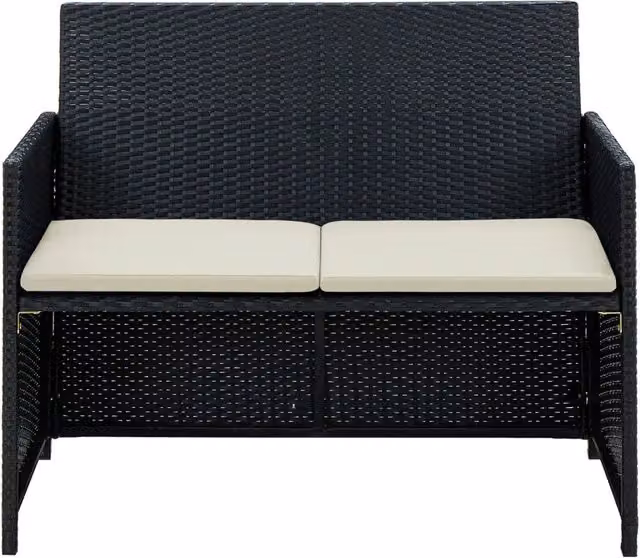 Divano da giardino a 2 posti Design Mania in polyrattan nero con cuscini imbottiti e coperture rimovibili