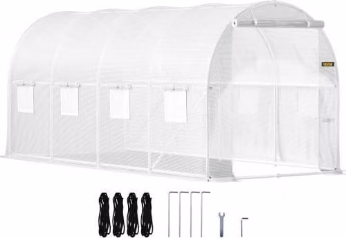 VEVOR Serra da Giardino a Tunnel Bianco con 8 Finestre e Porte, Struttura in Acciaio Zincato e Copertura in PE, L: 4,6 m x P: 2,1 m x H: 2,1 m