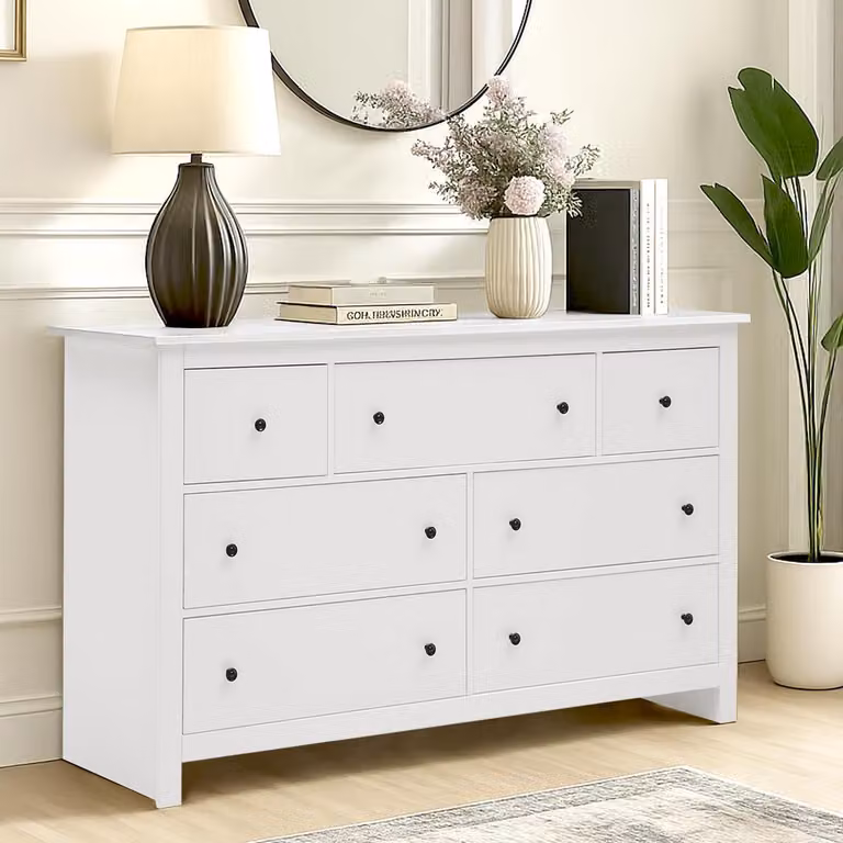 Comò con 7 cassetti, bianco. Mobile contenitore, credenza moderna, armadio con cassetti per l'organizzazione