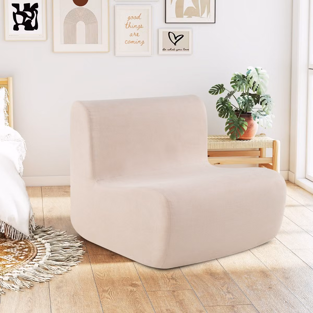 Poltrona sacco Costway in velluto beige con supporto ergonomico per il relax in soggiorno