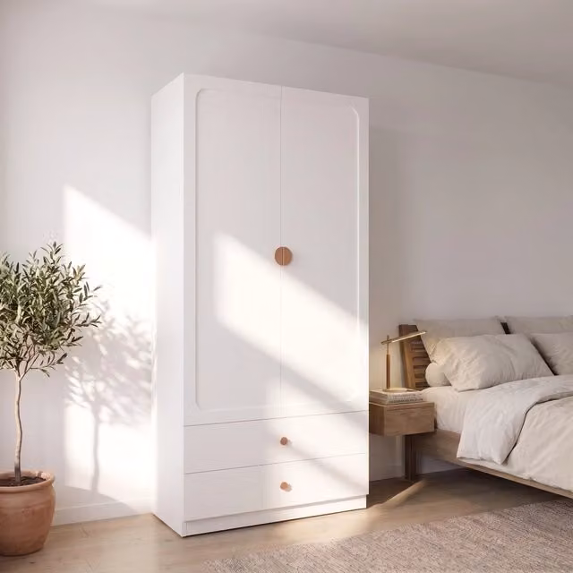 Armadio guardaroba 2 ante con 2 cassetti e appendiabiti per camera da letto cameretta e ufficio in MDF bianco
