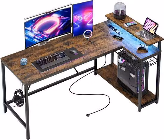 Ibenzoa® Scrivania multifunzione a forma di L con 3 prese di corrente e 2 USB, LED RGB (7 colori, 22 modalità), supporto per monitor, dimensioni 147,5×80×91,5 cm
