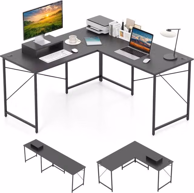 Scrivania angolare per ufficio e home office convertibile con supporto monitor in metallo robusto, Grigio, L: 240 cm