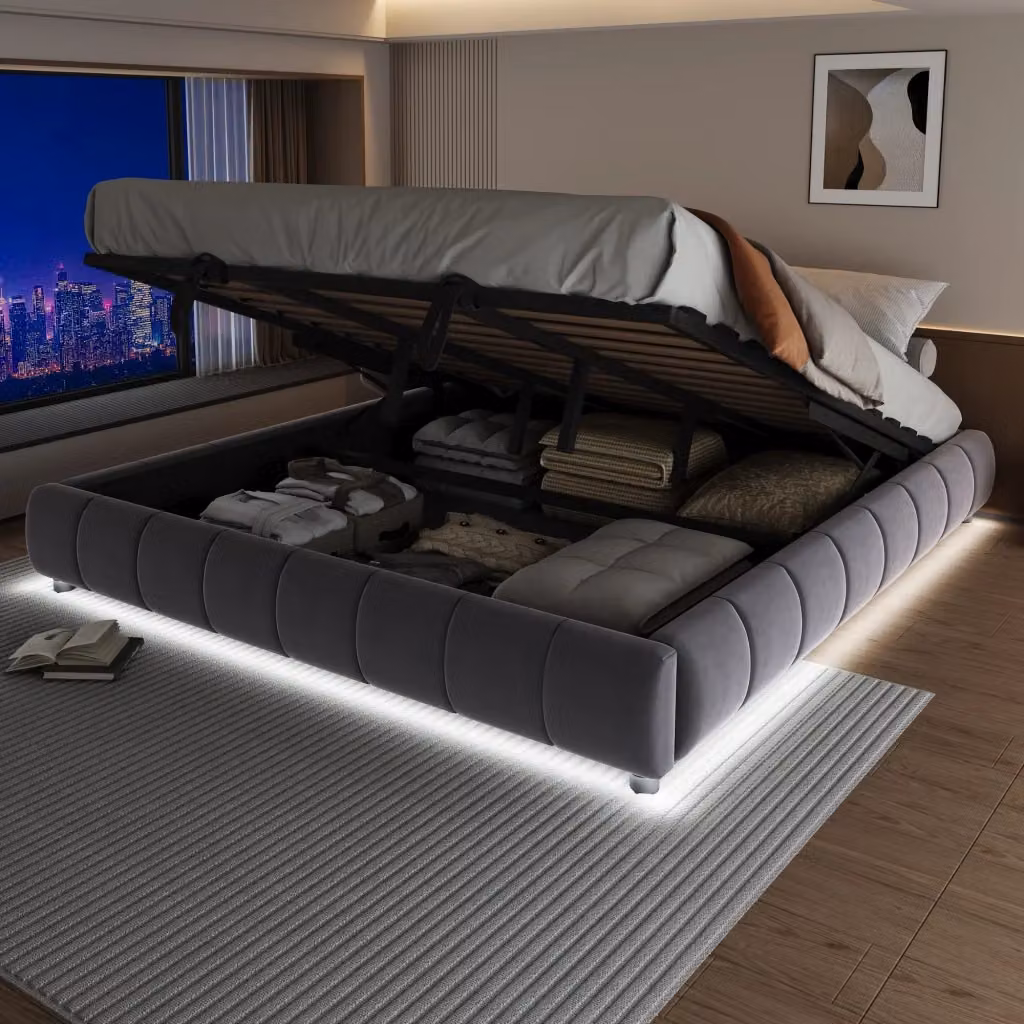 Letto Imbottito REDOM Grigio con Contenitore e Illuminazione LED L/P: 180 x 200 cm – 2