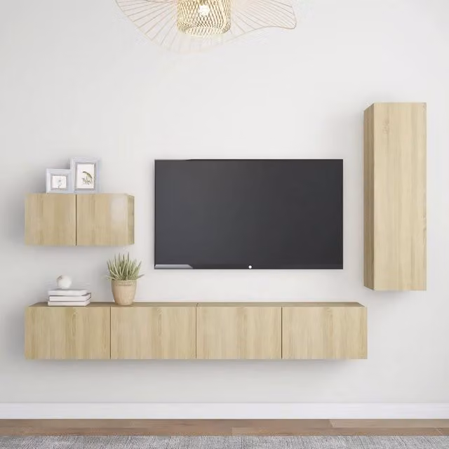 Set di mobili porta TV moderno vidaXL in legno multistrato marrone da 4 pezzi con montaggio a parete