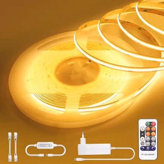 Striscia LED 10 m calda bianca regolabile 24 V autoadesiva 3000 K impermeabile IP44 flessibile con comando a distanza - bagno cucina soggiorno decorazione