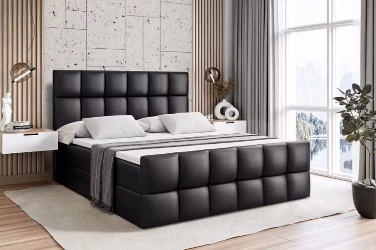 Letto boxspring ALTDECOR con pediera, materasso H4 e topper - 140x200 cm - RICAR-Z - Pelle finta nera - Letto imbottito con contenitore e rete a doghe, letto con spazio di stivaggio
