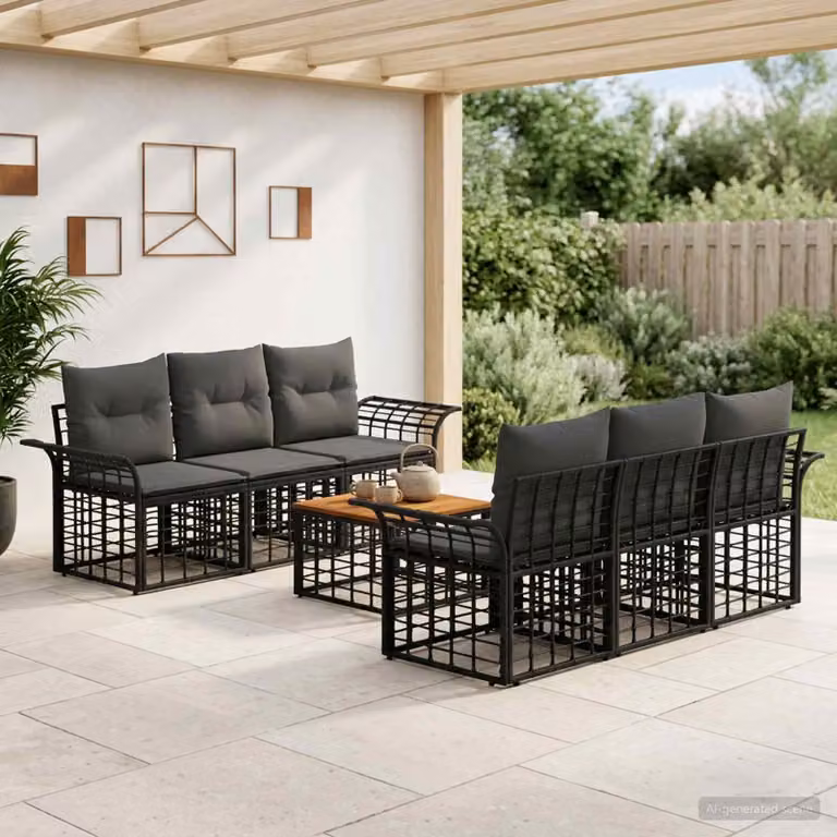 Set di divani da esterno vidaXL in polyrattan a forma di U composto da 7 pezzi con cuscini, colore nero e grigio scuro