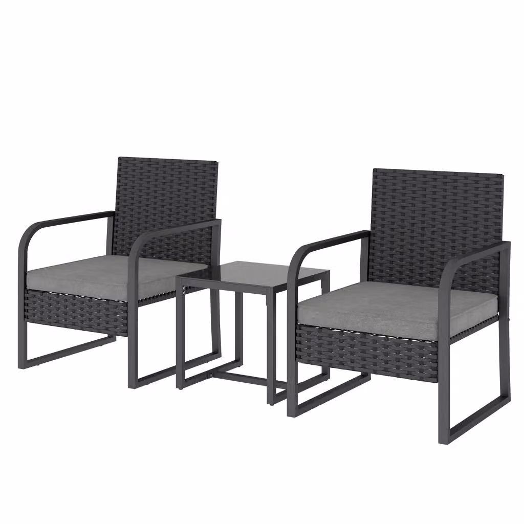 Set da giardino moderno DESIGN IN composto da 2 poltrone imbottite e tavolino da esterno con piano in vetro, struttura in metallo nero e sedute grigie con cuscini inclusi e coperture rimovibili – 2