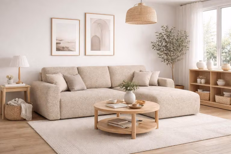 Divano angolare Kaiser Möbel con funzione letto e contenitore, forma a L, Ivo L, tessuto ciniglia Artico, beige, destro