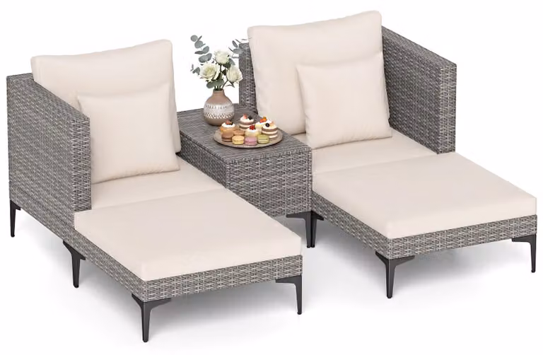Set da giardino in polyrattan COSTWAY da 5 pezzi, mobili da balcone comprendente 2 sedie con cuscini, un pouf e un tavolo, set da terrazza, set da balcone, set da giardino, salottino