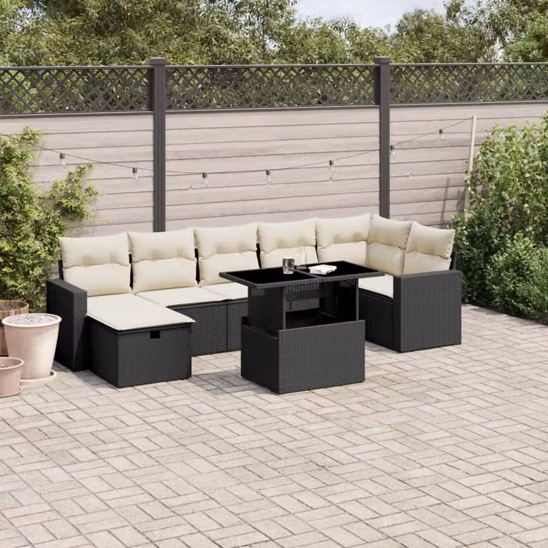 Set di divani da giardino a L vidaXL in polyrattan nero con 8 pezzi e cuscini inclusi