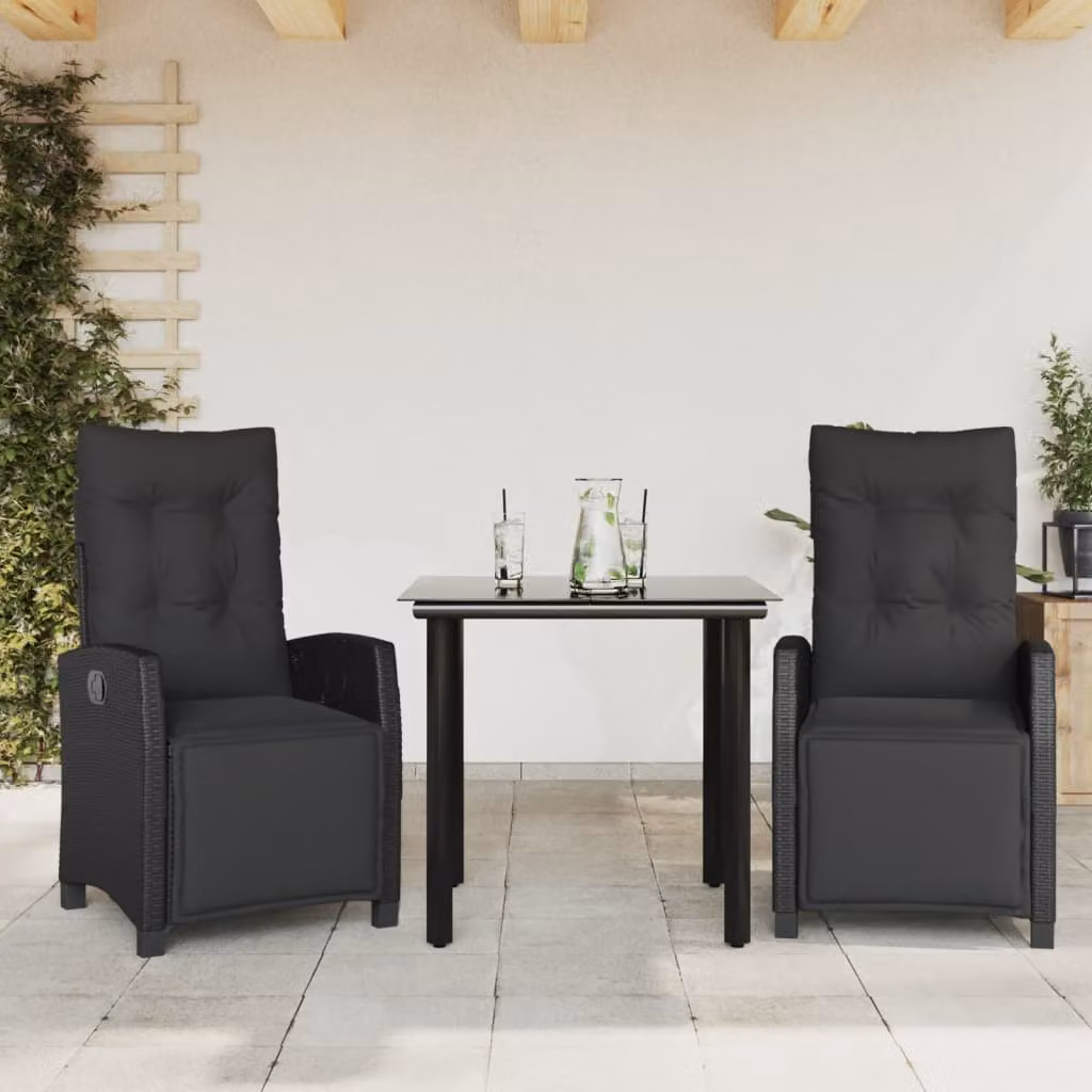 Set da pranzo da giardino vidaXL in polyrattan nero con cuscini e tavolo in vetro