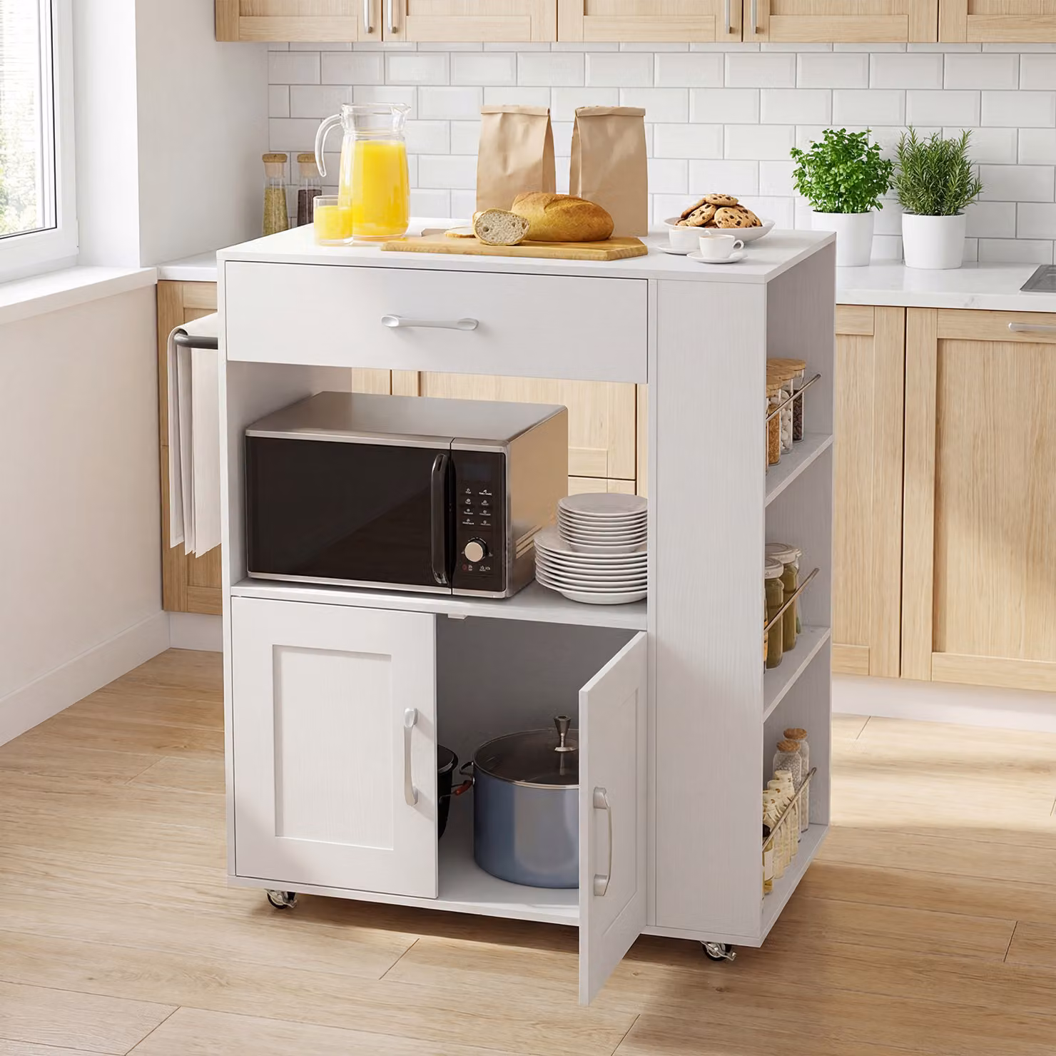 Isola cucina mobile Costway bianca con ruote e cassetto porta asciugamani per soggiorno e sala da pranzo