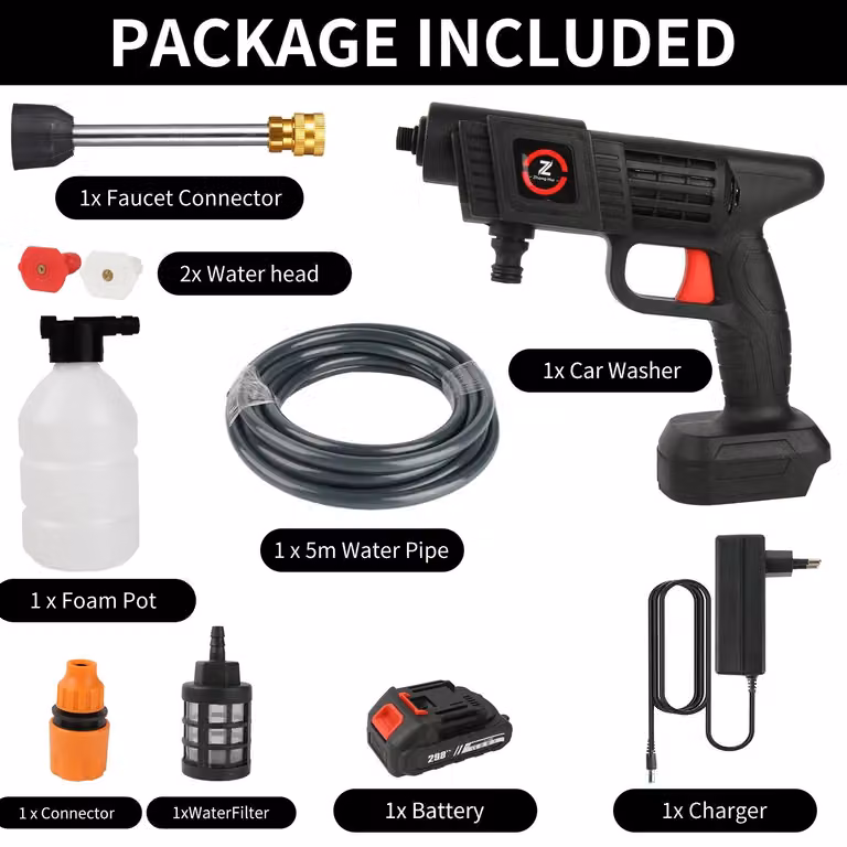 Idropulitrice senza fili ad alta pressione - Pistola per il lavaggio auto - 70 bar - 10000 mAh - 1 batteria - Con tubo dell'acqua - Generatore di schiuma