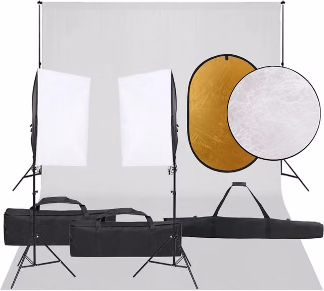 Kit per studio fotografico professionale con illuminazione LED, fondale e riflettore nero