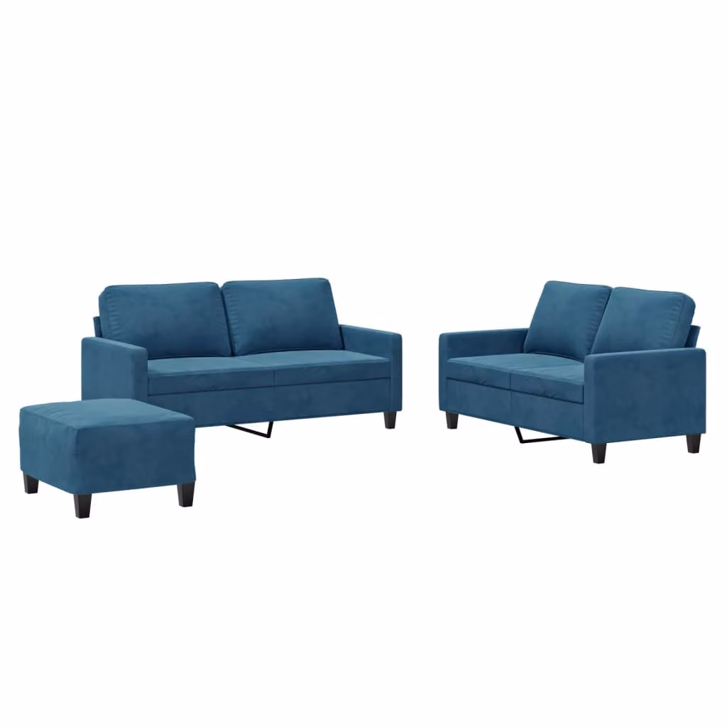 Set di Divani 3 pz con Cuscini Blu in Velluto
