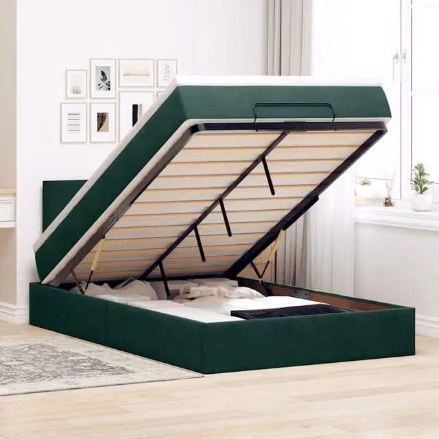 Letto con contenitore a sollevamento vidaXL in velluto verde e bianco con materasso a molle L: 120 cm, P: 200 cm, H: 88 cm