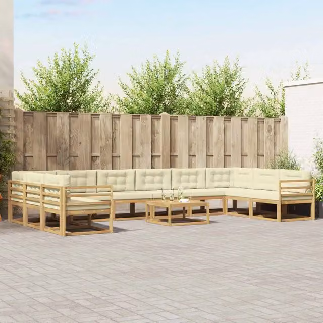Set di divani da esterno a forma di U vidaXL in legno di acacia con tavolo da caffè e cuscini, Bianco e Beige