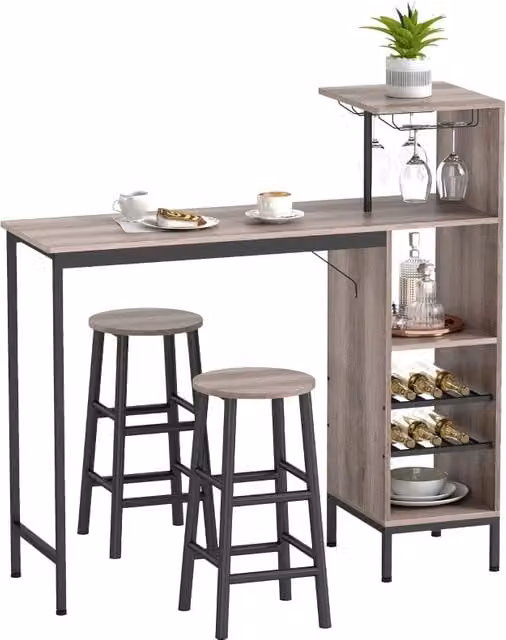 Set tavolo bar ULEVR 3 pezzi 121,5x40x122 cm con portabottiglie e portabicchieri, 2 sgabelli con poggiapiedi, grigio