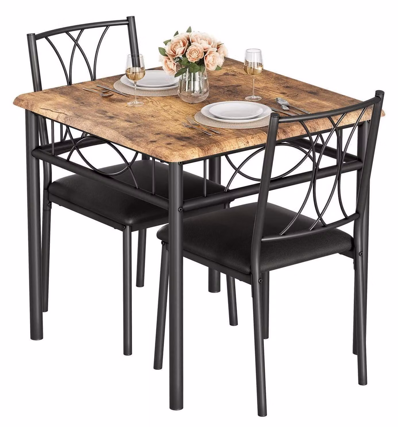 Set tavolo e sedie per 2 persone, forma quadrata, stile vintage, colore marrone