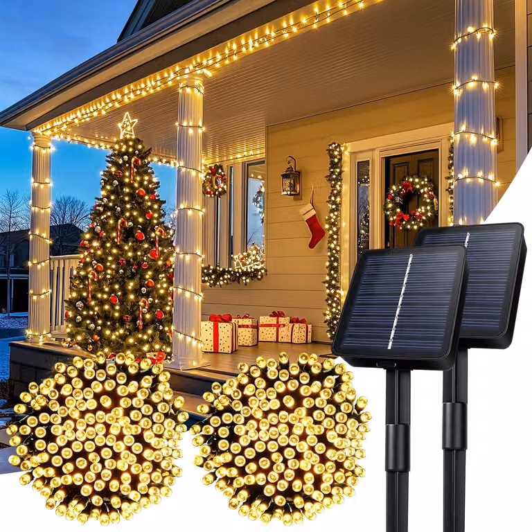 Catena luminosa solare, set da 2, 10 metri, 100 LED bianco caldo, 8 modalità, grado di protezione IP65, adatta per uso esterno