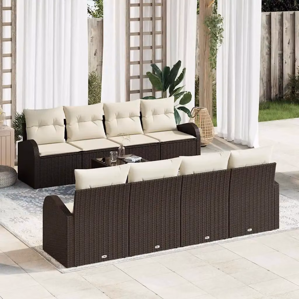 Set Divano da Giardino vidaXL 9 Pezzi a Forma di U con Tavolino, Marrone e Beige – 1