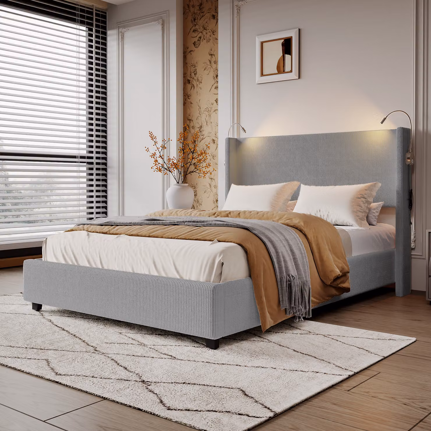 Letto matrimoniale 140x200 cm in velluto a coste grigio con vano contenitore idraulico, lampada da lettura integrata e testiera imbottita