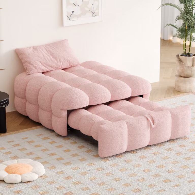 MODFU Letto pieghevole, pouf 2 in 1, poltrona relax singola con struttura in metallo, mobile imbottito, rosa