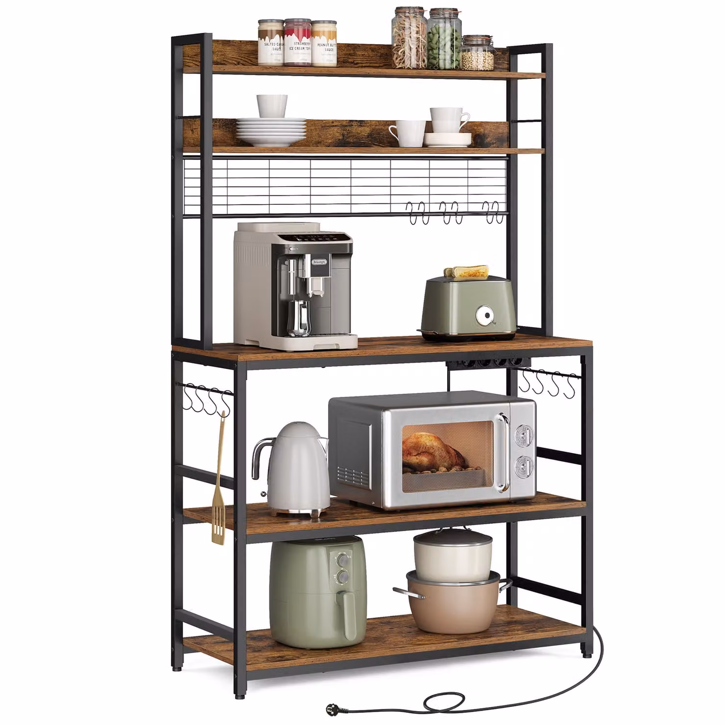 VASAGLE Scaffale da cucina, scaffale da terra con prese elettriche, ripiano a griglia, 14 ganci, 40 x 100 x 170 cm