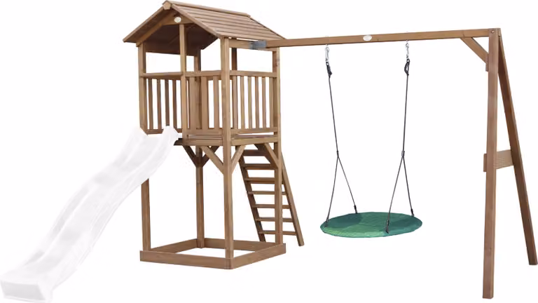 AXI Beach Tower parco giochi in legno in marrone | Torre di gioco per bambini con sabbiera, altalena a nido e scivolo bianco | Casa per bambini su palafitte per il giardino
