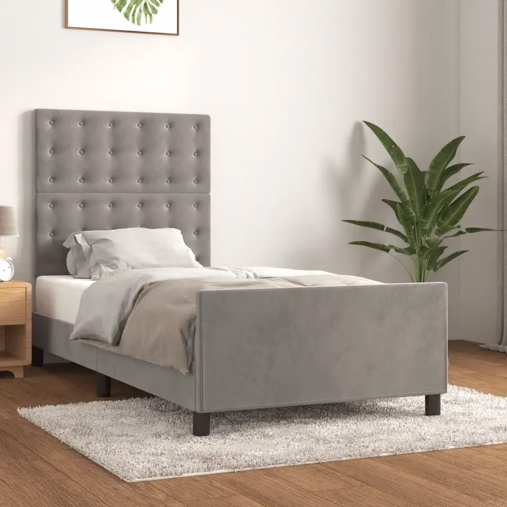 Letto singolo per adulti in velluto grigio chiaro con struttura in legno massello e doghe, L/P/H: 100 x 200 x 128 cm – 2