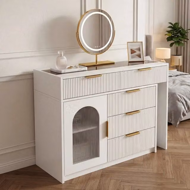 Toeletta 90-160x40x75 cm allungabile con specchio LED in MDF bianco