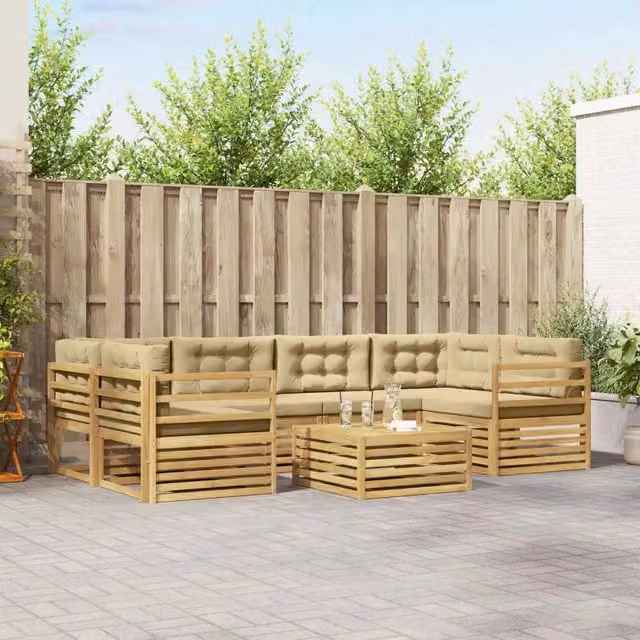 Set di divani da esterno a forma di U vidaXL in legno di acacia con tavolo da caffè, 7 pezzi, Bianco e Beige – 1