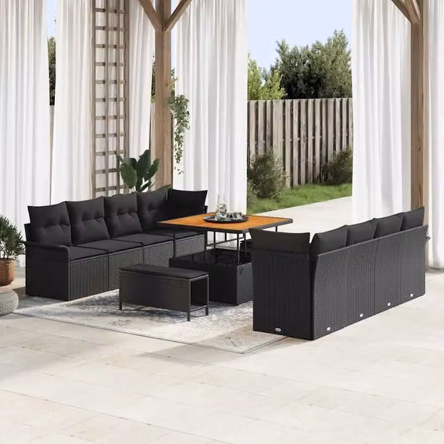 Set Divano da Giardino vidaXL 11 Pezzi Nero con Cuscini e Tavolino in Polyrattan e Acciaio