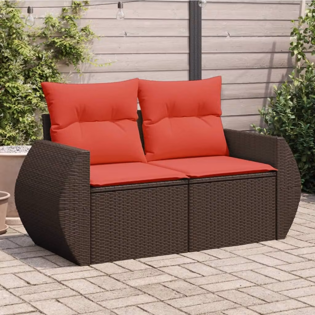 vidaXL Divano da giardino a 2 posti in polyrattan marrone con cuscini imbottiti e coperture rimovibili