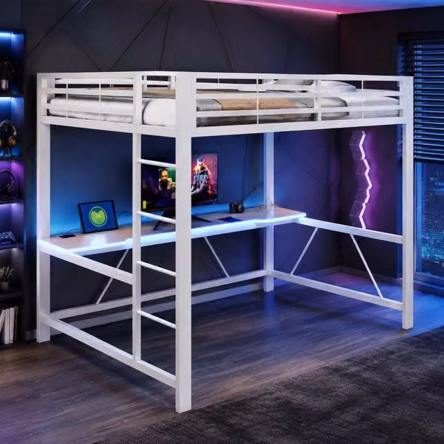 Letto a soppalco 160x200 cm in metallo con scrivania, LED e USB, bianco