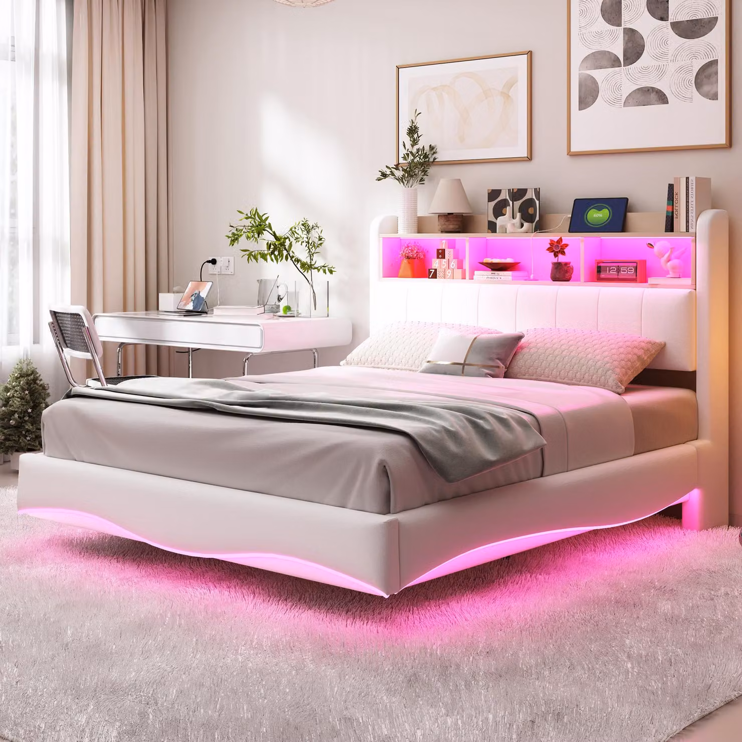 Letto imbottito sospeso Merax, 140x200 cm, con strisce LED e spazio contenitivo nella testiera. Letto a sospensione con struttura curva, corda, color beige
